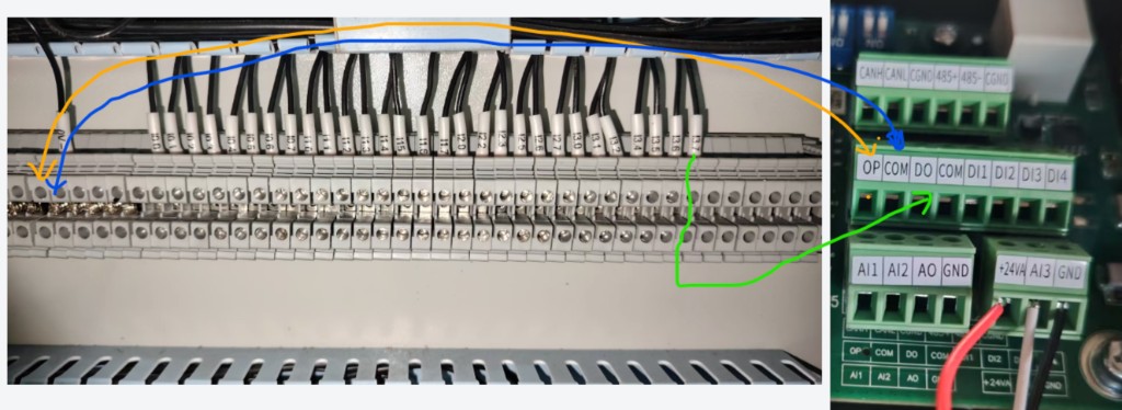 PLC I3.7 0V- 与伺服 OP COM DO 接线示意